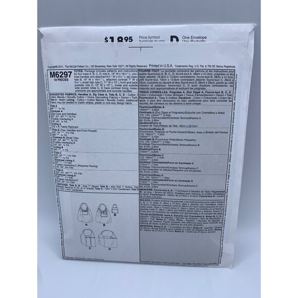 McCall's Fashion Accessories Totes Sewing Pattern M6297 - uncut - Picture 2 of 2